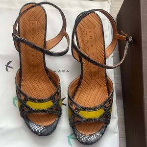 NIB Chie Mihara leather platform sandals snake print on heel 37.5, 38.5